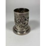A TESTED SILVER, POSSIBLY DUTCH, BEAKER ON STAND WITH A DESIGN OF A COOPERSMITH, WEIGHT 78G