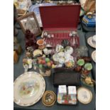 A LARGE QUANTITY OF ITEMS TO INCLUDE A PART CANTEEN OF CUTLERY, BUNNYKINS PLATE, FIGURES,