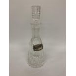 A WATERFORD CUT GLASS CRYSTAL DECANTER & STOPPER WITH HALLMARKED SILVER SHERRY DECANTER LABEL,