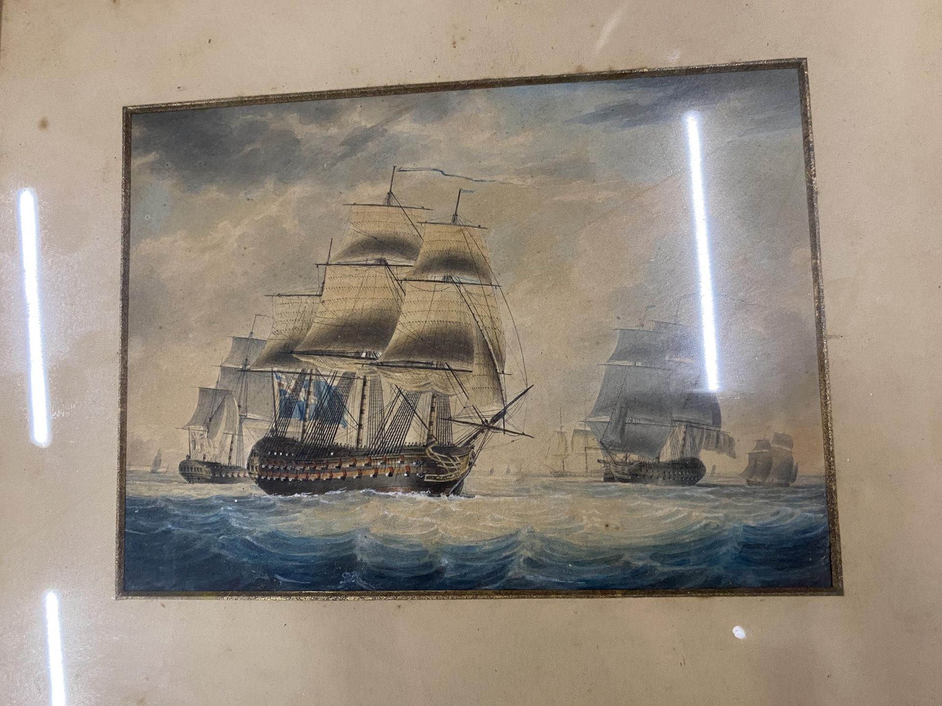 A PAIR OF EARLY 20TH CENTURY MARITIME / NAVAL GILT FRAMED WATERCOLOURS OF SHIPS, LABELS VERSO, 24 - Image 5 of 8