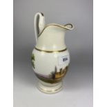A 19TH CENTURY PORCELAIN JUG WITH HAND PAINTED MANOR HOUSE DESIGN