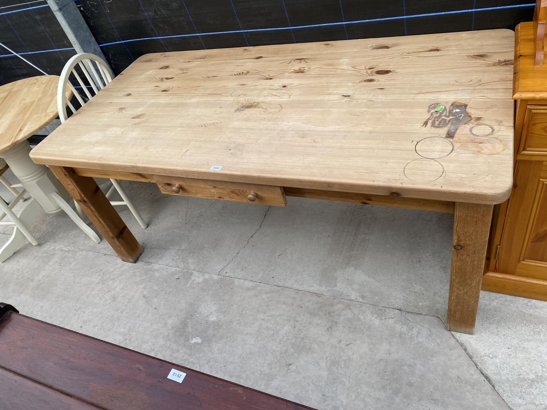 A MODERN PINE KITCHEN TABLE WITH SINGLE DRAWER, 71" X 36"