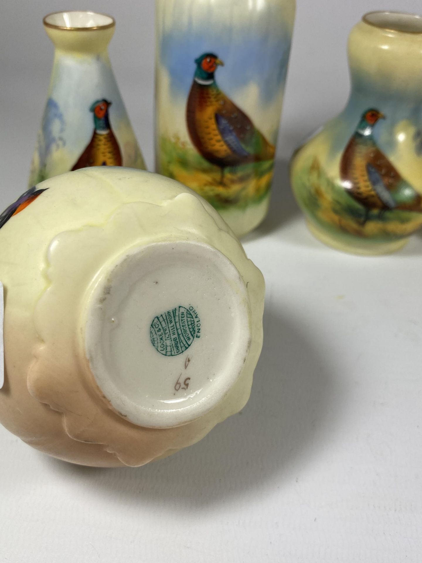 EIGHT LOCKE & CO WORCESTER HAND PAINTED CERAMIC PHEASANT DESIGN MINIATURE VASES, (SEVEN SIGNED BY - Image 4 of 4