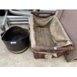 A WICKER LOG BASKET AND A METAL COAL BUCKET WITH BRASS HANDLE