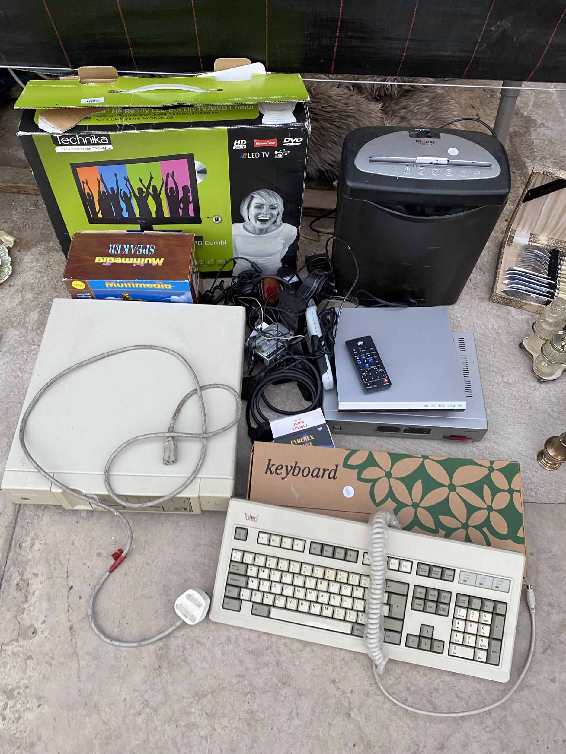 AN ASSORTMENT OF ITEMS TO INCLUDE A MULTIMEDIA SPEAKER, A KEYBOARD AND A PAPER SHREDDER ETC