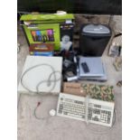 AN ASSORTMENT OF ITEMS TO INCLUDE A MULTIMEDIA SPEAKER, A KEYBOARD AND A PAPER SHREDDER ETC