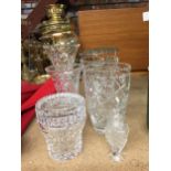 A QUANTITY OF CUT GLASS GLASSWARE TO INCLUDE VASES, ETC