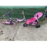 A HELLO KITTY PUSH CHAIR AND TWO GIRLS SCOOTERS