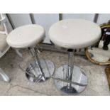 A PAIR MODERN PUMP STOOLS ON POLISHED CHROME BASES AND COLUMNS