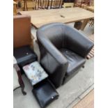 A FAUX LEATHER TUB CHAIR AND THREE VARIOUS STOOLS