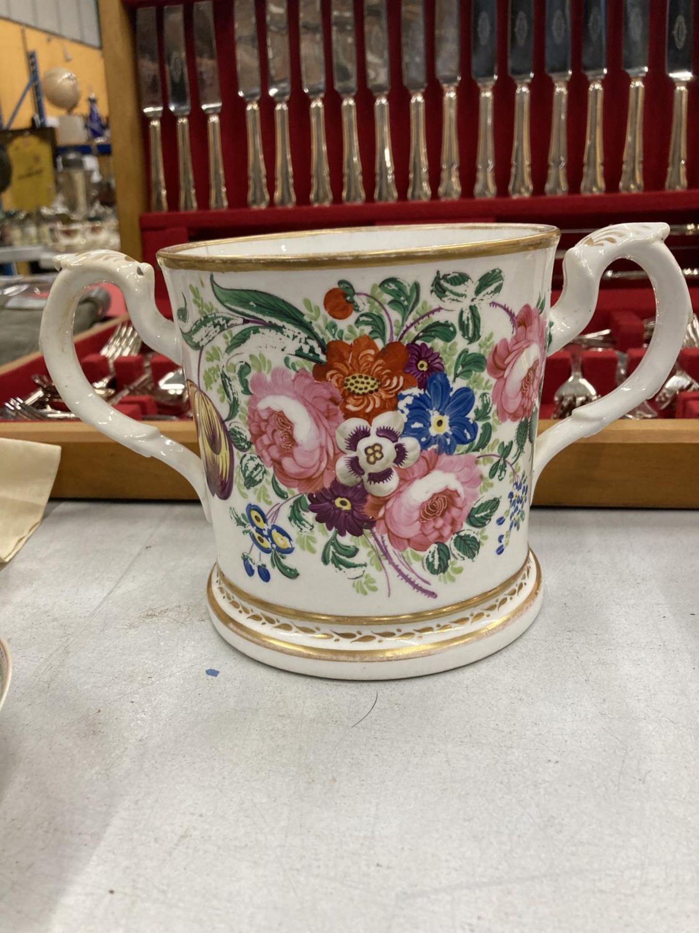 A CIRCA 1825 STAFFORDSHIRE SMALL MUG, OLD WORCESTER COFFEE CAN, A LARGE 19TH CENTURY LOVING CUP - - Image 3 of 3