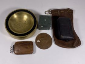A MIXED GROUP OF COLLECTABLES TO INCLUDE BRASS ASHTRAY, DICE MODEL PAPERWEIGHT, LARGE 1956