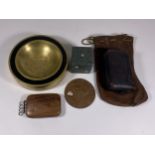 A MIXED GROUP OF COLLECTABLES TO INCLUDE BRASS ASHTRAY, DICE MODEL PAPERWEIGHT, LARGE 1956