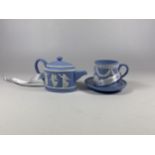 TWO MINIATURE WEDGWOOD JASPERWARE ITEMS - CUP & SAUCER AND TEAPOT