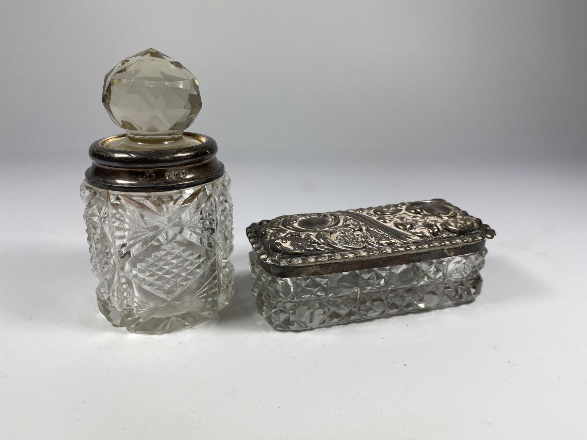TWO HALLMARKED SILVER AND CUT GLASS DRESSING TABLE ITEMS - PERFUME BOTTLE & TRINKET BOX