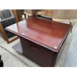 A DANISH STYLE HARDWOOD COFFEE TABLE WITH CUPBOARD, SINGLE DRAWER AND OPEN SHELVING, 29X23"