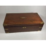 A MAHOGANY AND BRASS BOUND WRITING SLOPE, 17 X 27 X 50CM