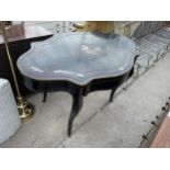 A 19TH CENTURY EBONISED CENTRE TABLE WITH BOULLE INSET TOP, COMPLETE WITH SINGLE DRAWER, ON CABRIOLE