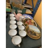 A QUANTITY OF CERAMICS TO INCLUDE CHINESE CUPS, CABINET PLATES, A TEAPOT, VASES, ETC