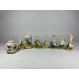 EIGHT LOCKE & CO WORCESTER HAND PAINTED CERAMIC PHEASANT DESIGN MINIATURE VASES, (SEVEN SIGNED BY