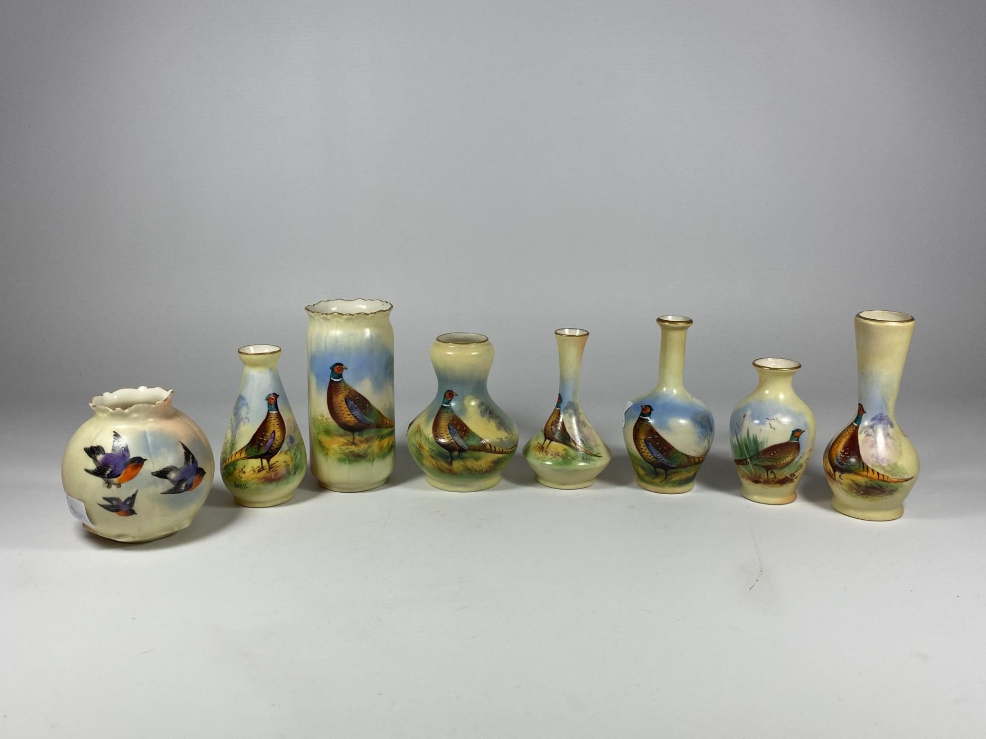 EIGHT LOCKE & CO WORCESTER HAND PAINTED CERAMIC PHEASANT DESIGN MINIATURE VASES, (SEVEN SIGNED BY