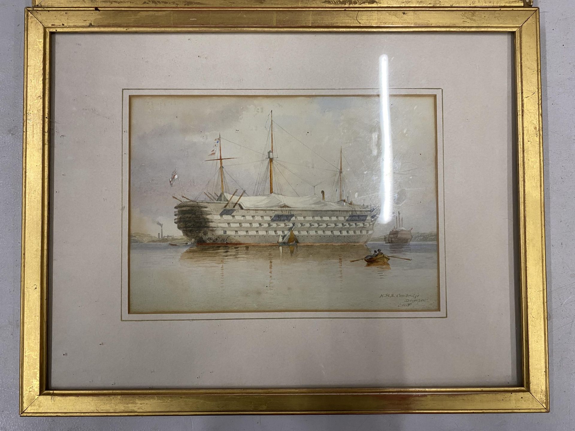 A PAIR OF 19TH CENTURY MARITIME / NAVAL WATERCOLOURS OF H.M.S EXCELLENT & H.M.S CAMBRIDGE, SIGNED - Image 2 of 9