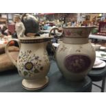 TWO VINTAGE JUGS, ONE 'GEORGE BUTLER' - A/F, THE OTHER A LARGE VICTORIAN TRANSFER PRINTED - A/F