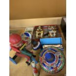A COLLECTION OF VINTAGE ITEMS TO INCLUDE A SPINNING TOP, WOODEN PULL ALONG TRIKE ETC