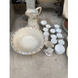 AN ASSORTMENT OF CERAMIC ITEMS TO INCLUDE A LARGE JUG AND WASH BOWL AND CROWN STAFFORDSHIRE CUPS AND