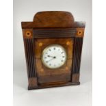 A 19TH CENTURY INLAID MAHOGANY MANTLE CLOCK WITH ROMAN NUMERALS AND ENAMEL DIAL, HEIGHT 28CM
