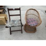 A WICKER CHILDS CHAIR AND FOLDING X-FRAME CHILDS CHAIR