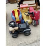 AN ASSORTMENT OF CHILDRENS TOYS TO INCLUDE A TRACTOR, A MOTRO BIKE AND A MEGABLOCKS TROLLEY ETC