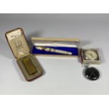 FOUR ITEMS - BOXED DUNHILL LIGHTER, INGERSOLL & KIENZLE POCKET WATCHES AND CASED VINTAGE PEN