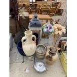 AN ASSORTMENT OF PLANTERS, ARTIFICIAL FLOWERS AND A CANDLE LANTERN ETC