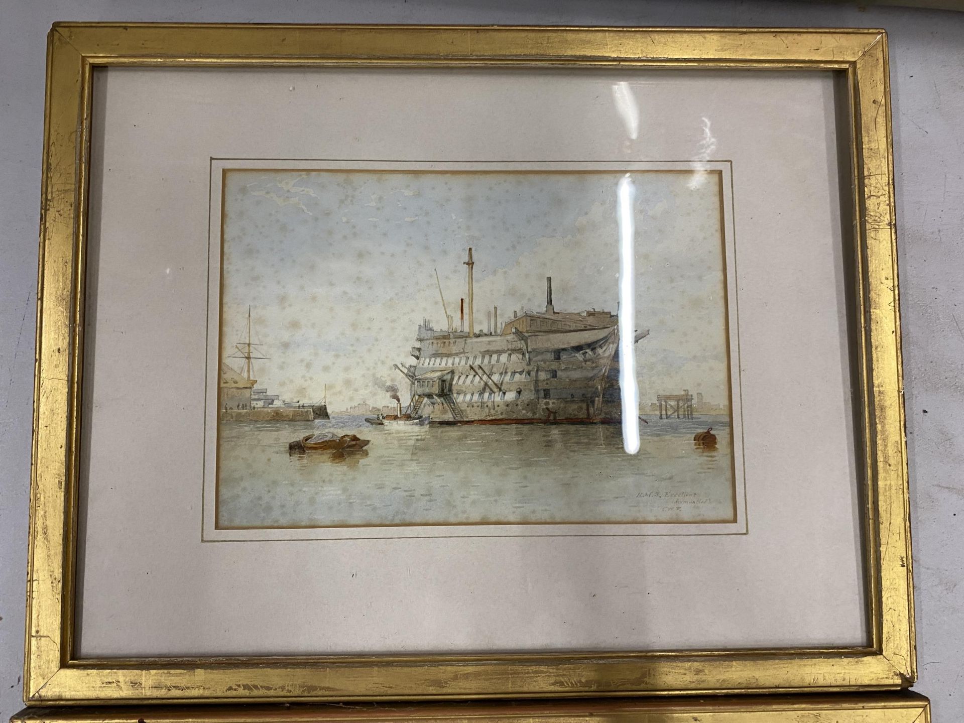 A PAIR OF 19TH CENTURY MARITIME / NAVAL WATERCOLOURS OF H.M.S EXCELLENT & H.M.S CAMBRIDGE, SIGNED - Image 3 of 9