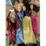 FOUR DISNEY DOLLS TO INCLUDE SNOW WHITE, PRINCE CHARMING