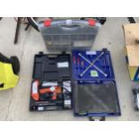 AN ASSORTMENT OF TOOLS TO INCLUDE A NAIL GUN, TOOL SET AND A HARDWARE CARRY CASE ETC