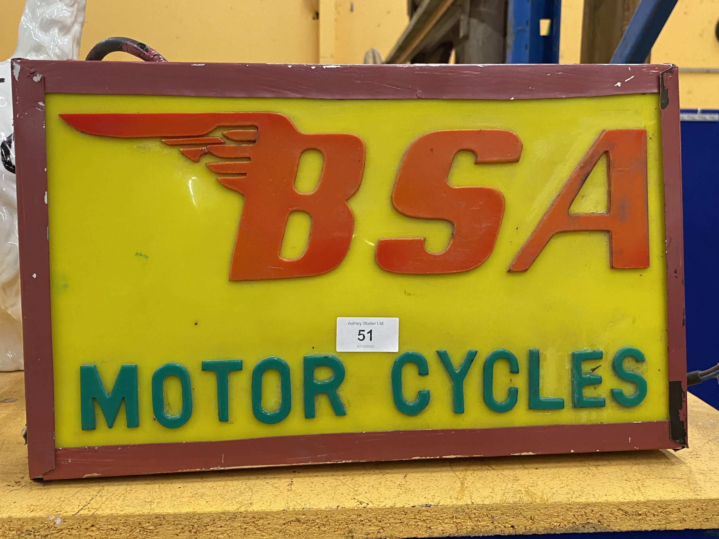 A BSA MOTOR CYCLES ILLUMINATED BOX SIGN