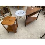 A 16" DIAMETER MODERN OCCASIONAL TABLE ON METAL LEGS WITH MARBLE EFFECT TOP, 1960'S CORNER TABLE AND