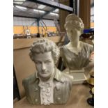 TWO DECORATIVE BUSTS OF CLASSICAL FIGURES HEIGHTS 42CM AND 30CM