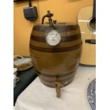 A LARGE STONEWARE BARREL WITH A WOODEN TAP AND A BOC GAUGE HEIGHT 41CM