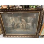 TWO FRAMED PRINTS, ONE OF A BARN IN A FIELD THE OTHER A VICTORIAN STREET SCENE