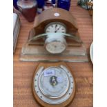 TWO MANTEL CLOCKS AND A BAROMETER