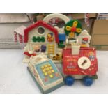 THREE VINTAGE CHILDREN'S TOYS TO INCLUDE FISHER-PRICE POP-UP-PAL CHIME PHONE, GOLDILOCKS AND THE