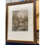 A FRAMED ENGRAVING OF F CHAMPION ON 'TALLY-HO' HUNTSMAN TO THE CHESHIRE HOUNDS 85.5CM X 67CM TO