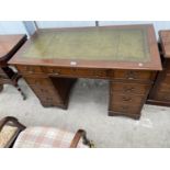 A REPRODUCTION MAHOGANY TWIN-PEDESTAL DESK WITH EIGHT DRAWERS AND INSET LEATHER TOP, 48X24"