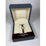 A LONGINES PRESENCE QUARTZ 9CT YELLOW GOLD CASED WATCH IN LONGINES BOX & RETAILER'S OUTER BOX