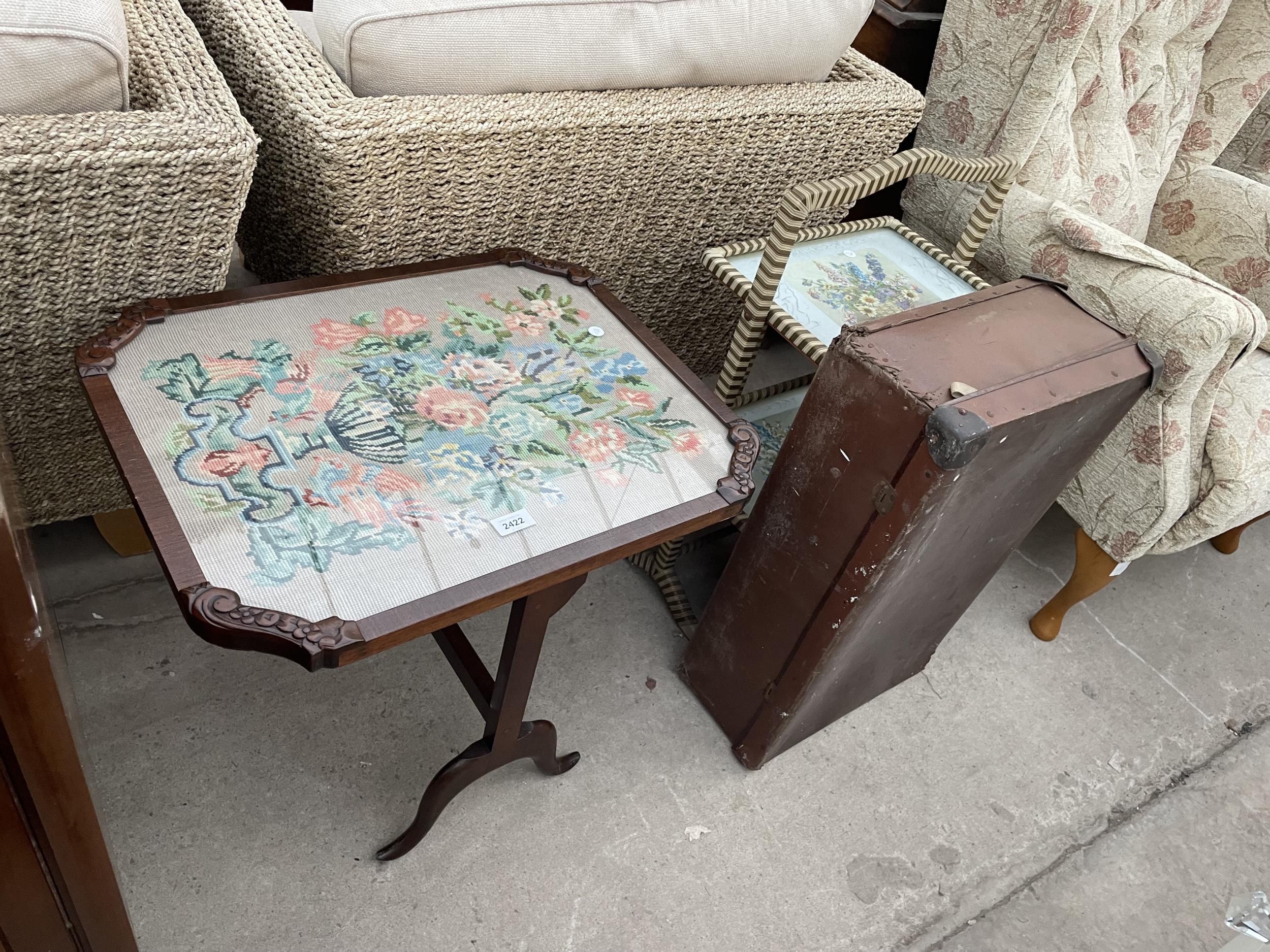 A MID 20TH CENTURY MAHOGANY TILT-TOP FIRESCREEN/TABLE WITH WOOLWORK TOP, 1960'S FOLDING AFTERNOON