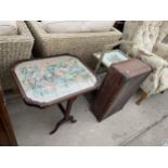 A MID 20TH CENTURY MAHOGANY TILT-TOP FIRESCREEN/TABLE WITH WOOLWORK TOP, 1960'S FOLDING AFTERNOON