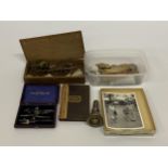 A MIXED LOT OF ITEMS TO INCLUDE BOOSEY & HAWKES MOOTHPIECE, COINS, MINIATURE DRAWING SET, SCALES ETC